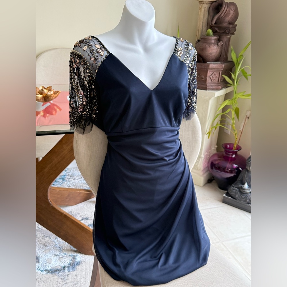 XSCAPE Lana V-Neck Beaded Flutter Sleeve Navy dress
